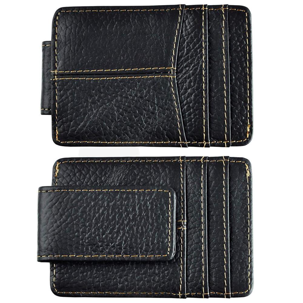 5205 Leather Cowhide Clip Credit Card Case Handy Slim Wallet Magnet Black 2